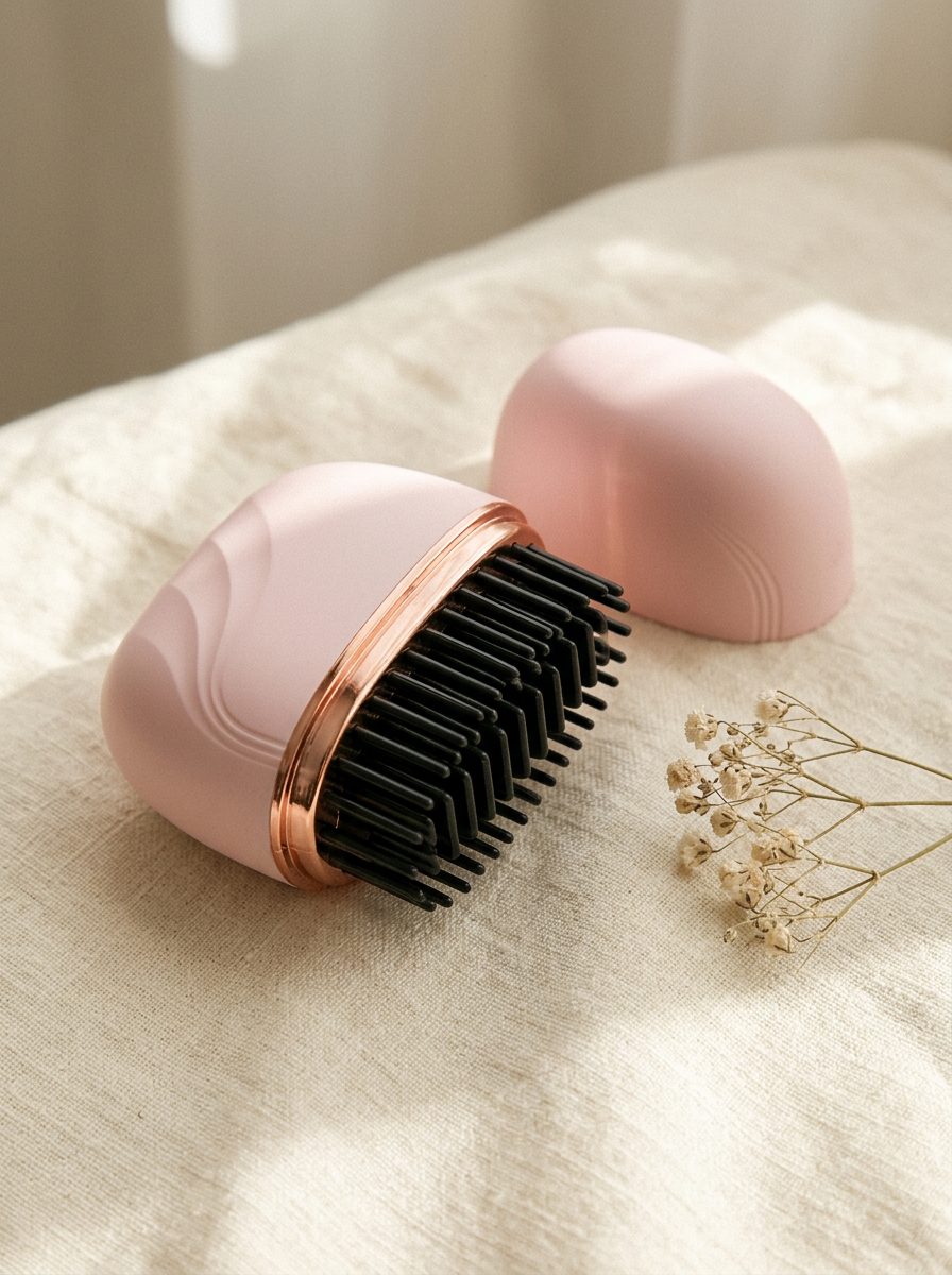 Girlyhood pink mini straightener comb on a warm cream linen surface