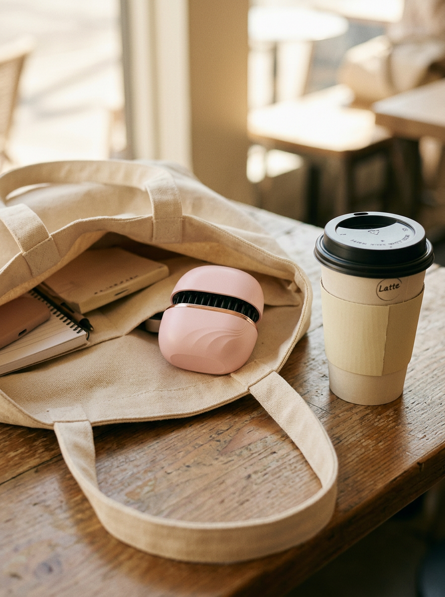 Comb tucked into a tote bag with morning coffee