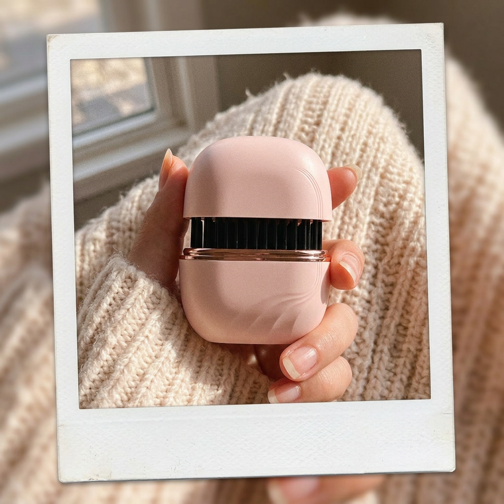 Pink comb held in hand against a cream sweater