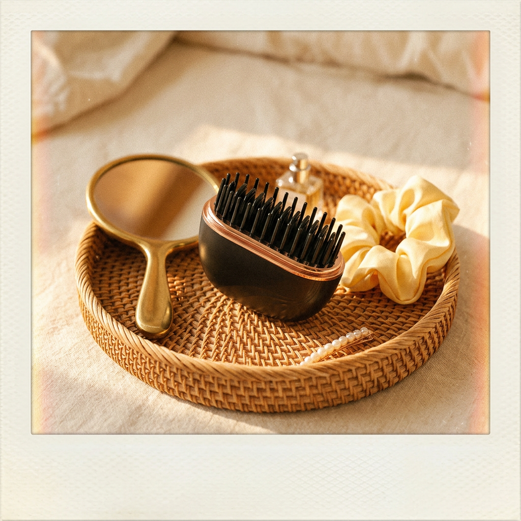 Comb on a rattan tray with a brass mirror