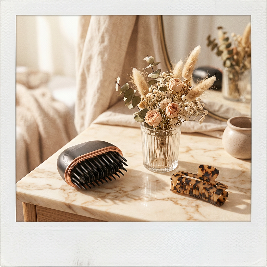 Comb on a marble vanity with dried flowers